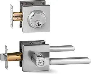 Berlin Modisch Entry Lever Door Handle and Single Cylinder Deadbolt Lock and Key Slim Square Locking Lever Handle Set [Front Door or Office] Right & Left Sided Doors Heavy Duty  Satin Nickel Finish