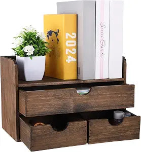 Wooden Desk Organizer with Drawers, Wood Makeup Organizer and Mail Rack for Desktop, 3-Tier Vintage Storage Caddy with Top Shelf for Office Supplies, Vanity, Bedroom, No Assembly, 13 x 6.7 x 8.6 in