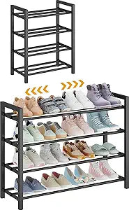 Detsuk 4-Tier Expandable Shoe Rack  Adjustable Metal Shoe Organizer for Closet, Entryway & Mudroom  Stackable, Heavy-Duty Storage, Black