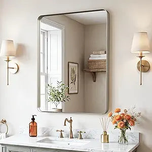 32x24"Bathroom Vanity Mirror for Wall, Aluminum Framed, Farmhouse Rectangle, Anti-Rust, HD Reflection Anti-Desilvering, Distortion Free, Tempered and Shatter-Proof Wall Mounted Mirror, Brushed Nickel