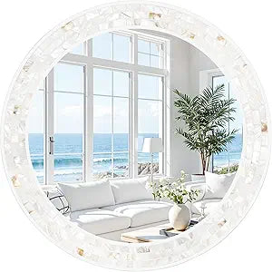 Tanmicoshomy Round Wall Mirror 24 Inch,Circle Mosaic Mirror with Natural Mother of Pearl and Wood Frame, Decorative Coastal Round Wall Mirror for Bathroom Bedroom Living Room Entryway