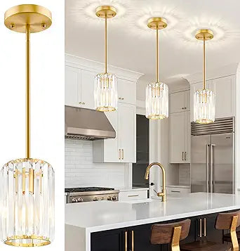Gold Pendant Light, Modern Crystal Pendant Lights Kitchen Island, Kitchen Island Lighting with Adjustable Height, UL Certified Island Lights for Kitchen Dining Room Bedroom Hallway 3 Pack