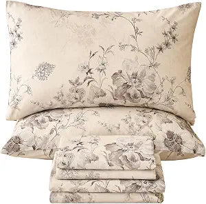 Beige King Size Sheet Set 100% Cotton Flannel-Like Warm Luxury Peony Toile Floral Bed Sheets 4Pc Deep Pocket 17.5", Double Brushed Extra Soft Breathable, Fall/Winter French Country Bedding