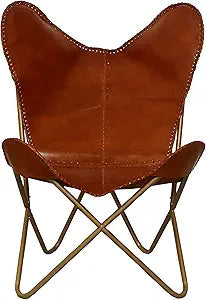 Classy Handmade Leather Living Room Chairs-Butterfly Chair Tan Side Hand Stich Leather Butterfly Chair-Handmade with Powder Coated Folding Iron Frame (Cover with Folding Frame) (COOL GOLDEN FRAME)