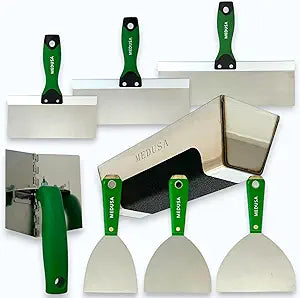 MEDUSA S.S. Drywall Taping Tool Set with Blades, Pan with Grip, Adjustable and reversible S.S. Angle Tool