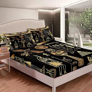 Feelyou Ancient Egypt Bed Sheet Set for Kids Boys Adults Egyptian Tribe Fitted Sheet Pyramid Printed Bedding Set Egypt Culture Bed Cover Bedroom Decor 3Pcs Sheets Full Size Black Golden
