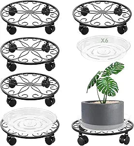 6 Pack Metal Plant Stand with Wheels 13.5 Inch Plant Caddy with Wheels Heavy Duty Wrought Iron Rolling Plant Stand Plant Dolly Plant Rollers Plant Cart Plant Mover with 6 Pack Plant Saucers
