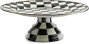 MACKENZIE-CHILDS Enamel Pedestal Platter, Round Cake Stand, Large, Black-and-White Courtly Check