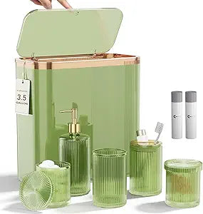 Green Bathroom Accessories Set 8 Pcs, 3.5 Gal Trash Can with Press-Top Lid, Glass Bathroom Set, Soap Dispenser, Toothbrush Holder, Tumbler, Qtip Holders, Vintage Bathroom Sink Set Cute Bathroom Decor