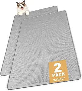 Cat Litter Mat, 2 Pack Large 34" x 22" Silicone Mat Litter Trapping Mat for Scatter Control, Soft on Kitty Paws, Easy to Clean (Light Grey)