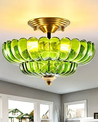 Black Semi Flush Mount Ceiling Light with Green Glass Shades, 3-Light Modern Farmhouse Lighting Fixture for Kitchen, Bathroom, Hallway, and Entryway