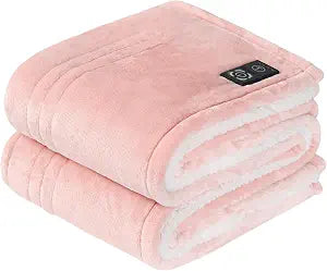 Sealy Heated Blanket Throw with Built-in Button Controller, Reversible Flannel to Sherpa Electric Blanket with 2-10 Hours Auto-Off & 4 Heating Levels, Over-Heat Protection, 50x60 inch, Pink