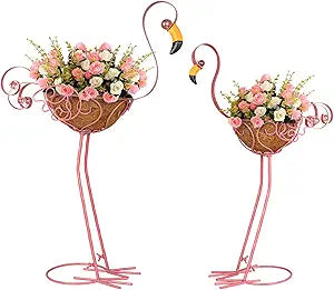 Set of 2 Pink Flamingo Outdoor Planters with Basket, Metal Flamingo Planter for Indoor Outdoor Garden Yard Decor (Flamingo-Planter)