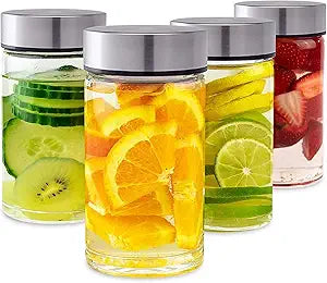 Juice Bottles - 4 Pack Wide Mouth Glass Bottles with Lids - for Juicing, Smoothies, Beverage Storage - 10oz Glass Water Bottles, BPA Free, Stainless Steel Lids, Leakproof, Reusable, Borosilicate