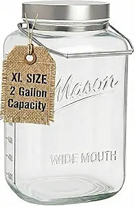 kitchentoolz Large 2 Gallon Glass Mason Jar with Big Airtight Metal Lid and Carry Handle  Wide Mouth Square Container with Measurements for Dry Goods, Bulk Storage, and Food Prep
