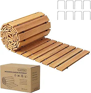 Wooden Garden Pathway Outdoor Walkway - 8 FT Roll Out Outdoor Pathway with Ground Stakes, Boardwalk Pavers for Outside Walkway, Non-Slip Garden Path for Backyard Decor, Lawn Landscaping, Natural