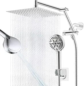 12 All Metal Rain Shower Head, High Pressure Rainfall Shower Head with Handheld Spray Combo, 5 Handheld Spray Powerful Clean 10-Mode, 16" Shower Extension Arm, 71" Hose, 3-Way Diverter, Chrome