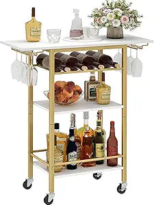 LAATOOREE Bar Cart, Home Bar Serving Cart, 4 Tier Mobile Drink Beverage Cart, Rolling Kitchen Shelf with Wine and Glass Holder, for Dinning Room, Living Room, Kitchen