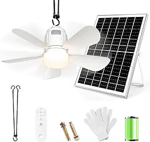 Gliztech Solar Ceiling Fan Light, 20000mAh Portable Gazebo fan with 30W Solar Powered Fan with Remote Control, Outdoor Ceiling Fan with Light for Patios, Canopy, Shed, RV, Porch and Chicken Coop