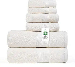 Farm to Home 100% Organic Bath Towel Set of 6  GOTS & Oeko-TEX Certified Organic Cotton, Soft, Ultra Absorbent, Quick Dry - Includes 2 Bath Towels, 2 Hand Towels, 2 Washcloths - Pearl