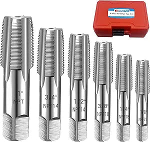 6-Piece NPT Pipe Tap Set, 1", 3/4", 1/2", 3/8", 1/4", 1/8" NPT Tap Set, Carbon Steel Hand Threading Plumbing Tap Set for Accurate Threads, Assorted Plumbers Mechanics DIY Thread cutting tools