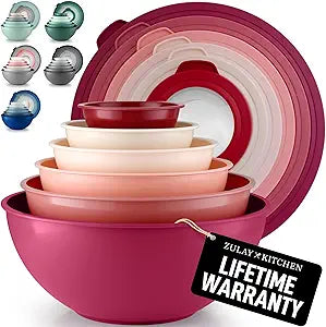 Zulay Kitchen 12 Piece Plastic Mixing Bowls with Lids Set - Leak-Proof Microwave & Freezer Safe Stackable Mixing Bowl Set for Preparing, Serving and Storing - Non-Slip Large Nesting Bowls (Red Ombre)