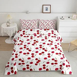 jejeloiu Red Cherry Bedding Set Twin Size Kids for Boys Girls Teens Cute