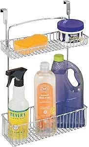 mDesign Over Cabinet Kitchen Storage Unit - Practical Organiser with Stainless Steel Storage Baskets - Hanging Cupboard Organiser for Cleaning Supplies and Cookware - Chrome