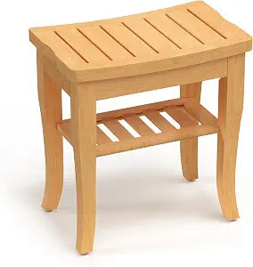 Bamboo Shower Bench, Spa Small Shower Stool for Inside Shower Waterproof, Bathroom Bench Seat with Storage Shelf for Adults Elderly Seniors, Wood Chair for Indoor or Outdoor Use, Natural