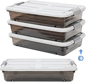 Beeveer 4 Pcs Plastic Under Bed Storage Containers with Lid Wheel Handle, Transparent Large Capacity Stackable Latching Storage Bins for Closet Bedroom Clothes Shoes (Brown,23.7 x 15.8 x 5.2)
