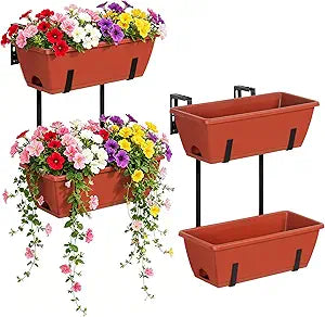 Railing Planter Box 4 Pack Window Boxes Planters 16.9 Inch Rectangular Planter with Adjustable Brackets 2 Tier Outdoor Balcony Hanging Planters Set of 2 for Railings Garden Porch Patio, Brick Red