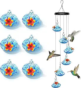 Wind Chime Glass Hummingbird Feeder - 20 Oz Outdoor Hanging Feeder with 6 Ports Attract More Hummingbirds, Leak-Proof Design, Unique Garden Backyard Decor & Ideal Gift, Blue