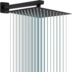 Rain Shower Head Black with Extension Arm 12 Inch Square Shower Head with 16 Inch Shower Arm Large Stainless Steel Rainfall Showerhead Matte Black Waterfall Full Body Coverage by GGStudy