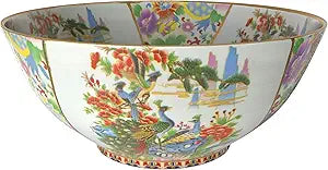 Red Lantern 14" Porcelain Bowl, Satsuma Birds & Flowers