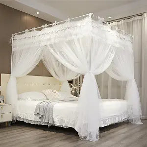 Bed Canopy Curtain Double Layer 4 Corners Post Lace Up Ruffle Princess Drape Netting 4 Opening Mosquito Net for Girls Bedroom Decoration (White, 53" W*78" L*82" H/Full)