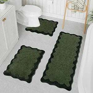 Uphome Scalloped Bathroom Rugs Sets 3 Piece Green Non-Slip Cute Absorbent Long Bath Mat with U-Shaped Contour Toilet Rug Fun Machine Washable Shaggy Bathroom Mats for Bathroom Tub Shower