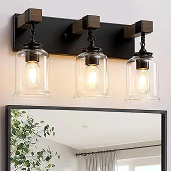 Farmhouse Bathroom Light Fixtures, 3 Light Bathroom Vanity Light, Black Industrial Style with Clear Glass Shades, Wood Bathroom Lighting Fixtures Over Mirror for Bedroom, Living Room