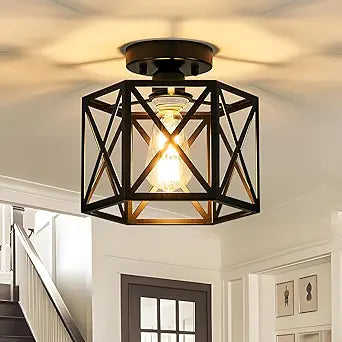 Modern Farmhouse Semi Flush Mount Ceiling Light,Industrial Black Ceiling Lighting Fixture,Hexagonal Close to Ceiling Lights for Kitchen, Hallway, Entryway, Bedroom,Foyer,Laundry Room,9.5 Inch