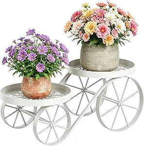 Metal Plant Stand Indoor Outdoor, 2-Tier Multi-Use Display Rack, Anti-Rust Iron Flower Pot Holder with Decorative Wagon Wheels, Home Decor for Corner, Patio, Bathroom (White)
