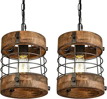 Retro Industrial Metal and Wood Farmhouse Chandeliers, 1-Light Round Cage Pendant Light Fixtures for Farmhouse Kitchen Island Foyer Hallway Bar Dining Room Restaurant, Brown, 2 Pack