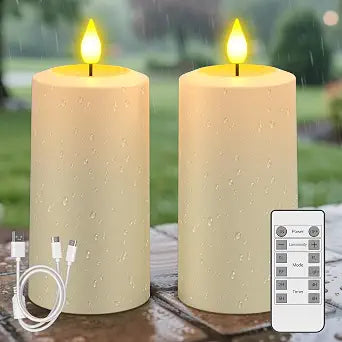 SoulBay USB-C Rechargeable Flameless LED Candles (2-Pack) - IP64 Waterproof Outdoor Flickering Pillar Candles with Remote, Dimmable, Timer - Ideal for Patio, Weddings, Room & Home Decor (2.75"x5.1")