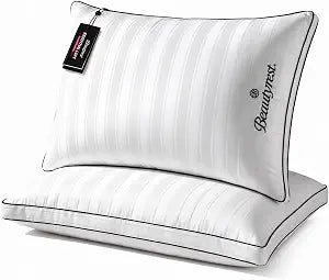Beautyrest Hotel Collection Luxury Queen Pillows Set of 2 - Premium 500 Thread Count Damask Stripe Embroidered Cotton Cover, Gusseted Soft Medium Down Alternative