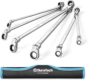 DURATECH Extra Long Flex-Head Ratcheting Wrench Set, Double Box End Wrench Set, 6-Piece, Metric 8-19 mm, CR-V Steel, with Pouch