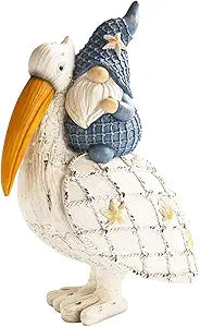 11.5" H Beach Gnome Pelican Statue, Resin Large Tropical Figurines Outdoor Coastal Garden Decor, Summer Ocean Theme House Bathroom Living Room Table Shelf Desk Beachy Decoration Home Indoor