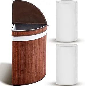 Gueevin Corner Laundry Hamper with Lid and 2 Removable Cloth Liners Bamboo Corner Laundry Basket Collapsible Clothes Basket Storage Bin for Bedroom Bathroom Living Room(Espresso Color)