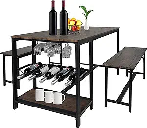 LUCKYERMORE 3-Piece Dining Table Set for 4, 55" Rustic Kitchen Table with 2 Benches, Pub Dining Table with Wine Rack, Glass Holder, for Small Space, Kitchen, Restaurant, Bar, Apartment, Dining Room