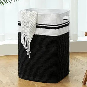 OIAHOMY 91L Laundry Hamper, XXXLarge Laundry Basket, Collapsible Cotton Rope Basket,Woven Storage Basket for Blankets,Clothes,Pillows-16x15x24-Black&white