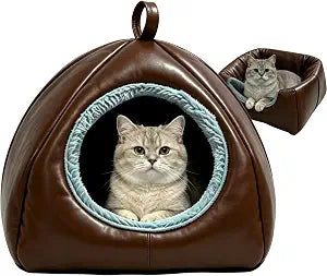 Cat Caves for Indoor Cats - 2 in 1 Cat Cave Beds House with Removable Washable Cushioned Pillow for Kittens and Small Dogs, Foldable Kitten Hideaway for All Year Around - Brown