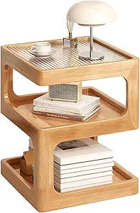3-Tier Nightstand with Storage, Modern Wooden Side Table End Table No Assembly Required, Bedside Organizer with Open Shelves for Bedroom, Living Room, Office(Wood-35cm)
