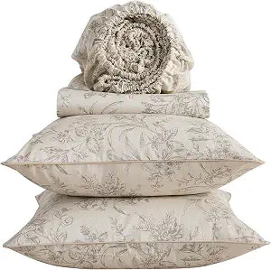 Vintage Beige Floral Percale Sheets, King Size 100% Cotton Deep Pocket Flower Pattern French Country Sheet Set, Soft Crisp Shabby Chic Neutral Toile Bed Sheets, Cottage Core Bedding, 4Pcs